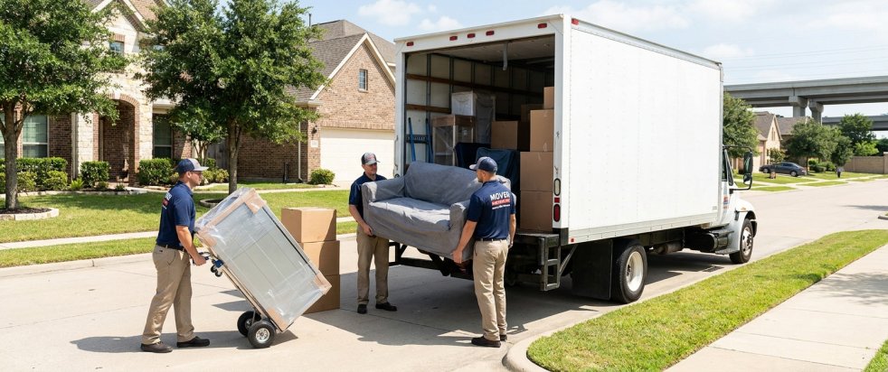 Movers unloading furniture from a truck on a suburban street
