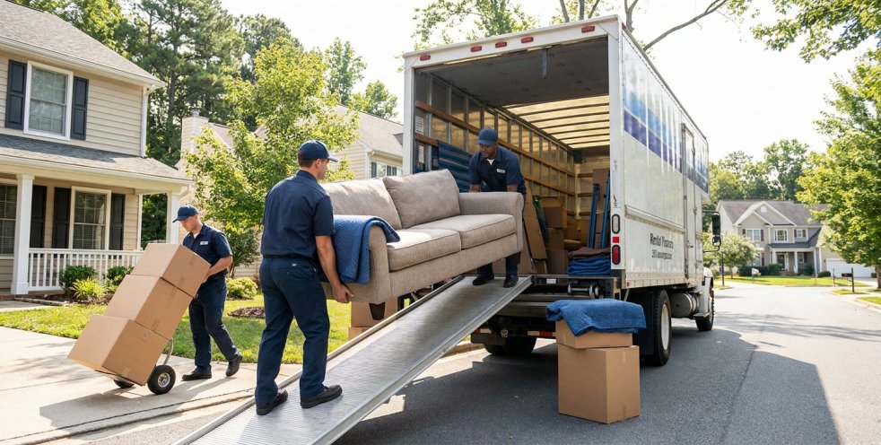 Movers loading a sofa and boxes into a moving truck on a residential street