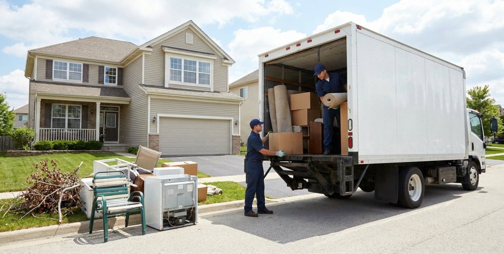 Junk removal crew loading boxes, rugs, and furniture into a truck outside a suburban house